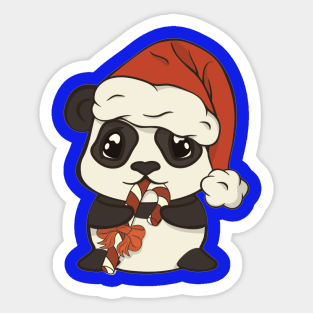 Cute Christmas panda bear in red Santa's hat with pompon eat sugar lollipop striped stick Sticker